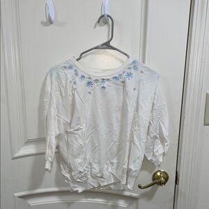 Japanese Blue Embellished White Blouse with Flutter Sleeves and 3/4 Length